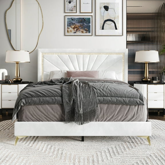 Castle Place Luxurious Diamond Strip Velvet Upholstered Bed White, King