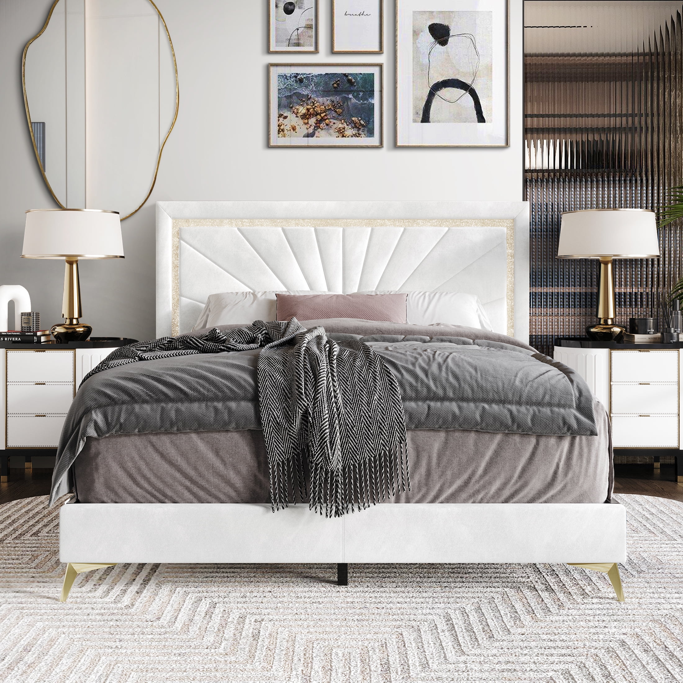 Castle Place Luxurious Diamond Strip Velvet Upholstered Bed White, Queen