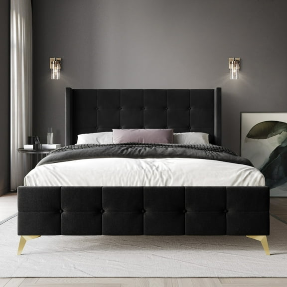 Castle Place Luxury Full Size Velvet Upholstered Bed In Black