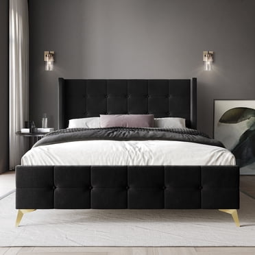 Castle Place Luxurious Diamond Strip Velvet Upholstered Bed Black, King ...