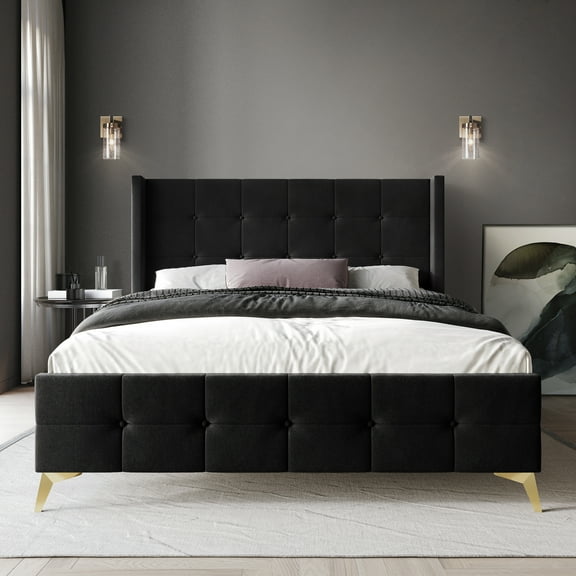 Castle Place Luxury Glam King Size Velvet Upholstered Bed, Black