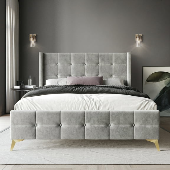 Castle Place Luxury Glam King Size Velvet Upholstered Bed, Silver Grey