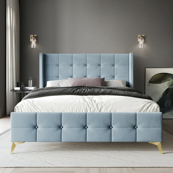 Castle Place Luxury Glam Queen Size Velvet Upholstered Bed, Light Blue