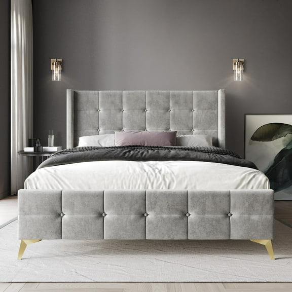 Castle Place Luxury Queen Size Velvet Upholstered Bed In Silver Grey