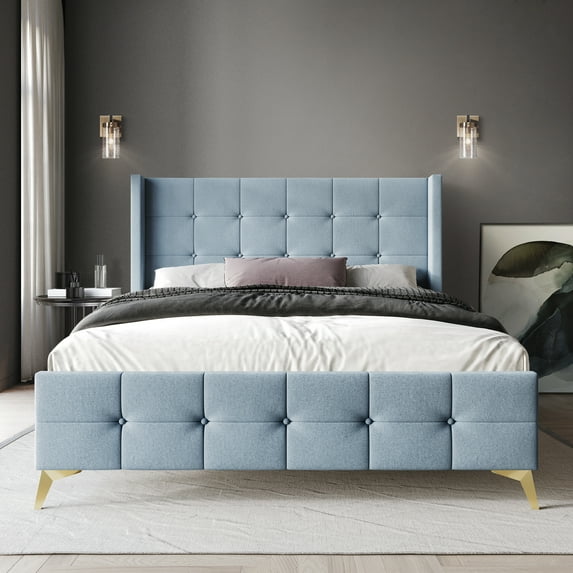 Castle Place Luxury Glam Twin Size Velvet Upholstered Bed, Light Blue