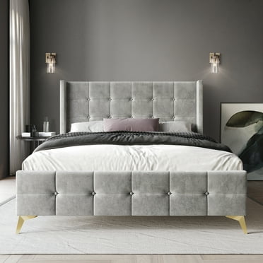 Castle Place Luxury Glam Twin Size Velvet Upholstered Bed, Silver Grey