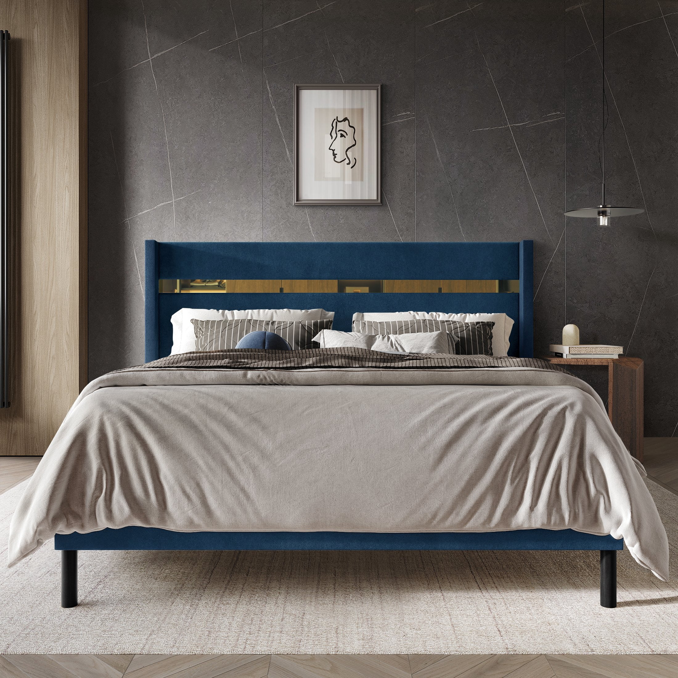 Castle Place Luxury Glam Velvet Wingback Full Platform Bed with Gold Acrylic Accents, Navy Blue