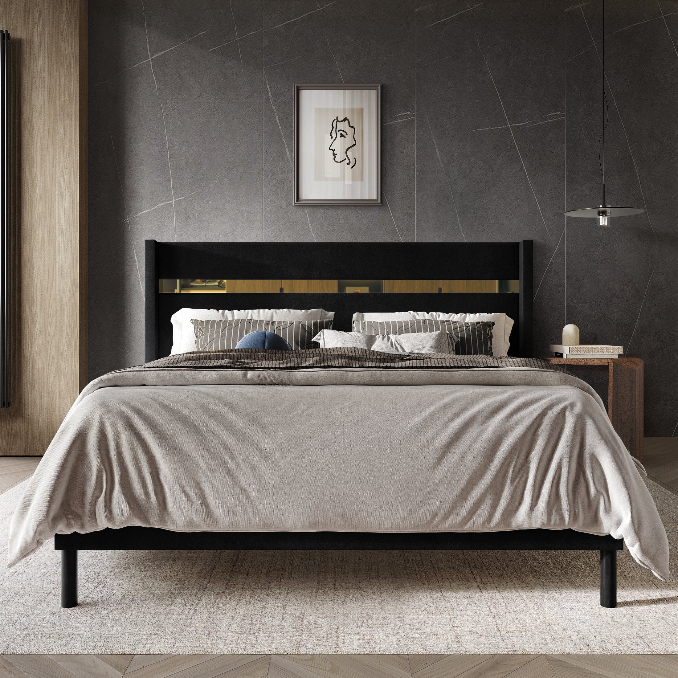 Castle Place Luxury Glam Velvet Wingback Queen Platform Bed with Gold Acrylic Accents, Black