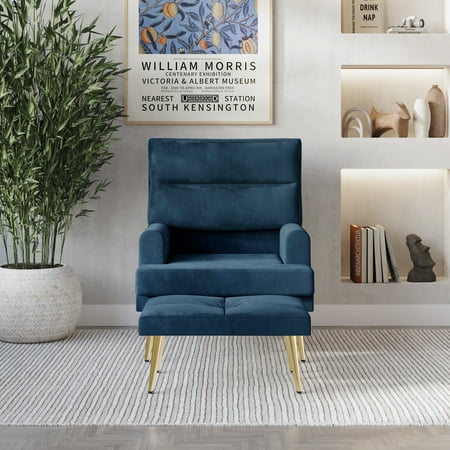 Castle Place Luxury Upholstered Velvet Accent Chair with Ottoman, Navy Blue