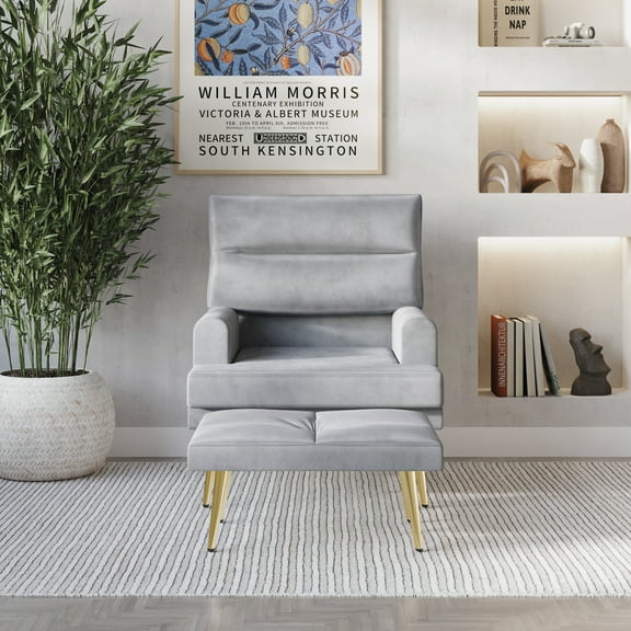 Castle Place Luxury Upholstered Velvet Accent Chair with Ottoman, Silver Grey