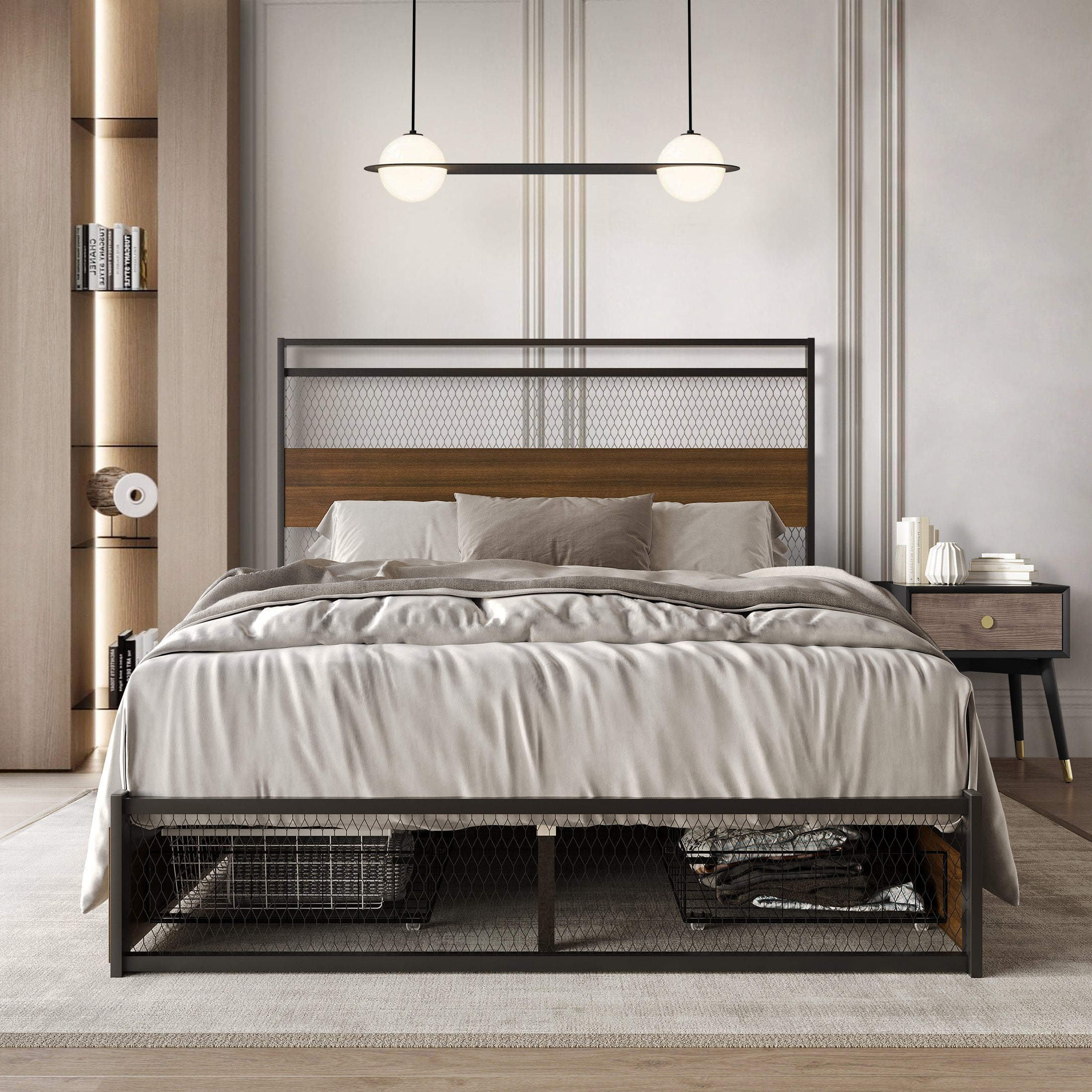 Brown Full Metal Platform Bed with Mesh Headboard and Storage Drawers