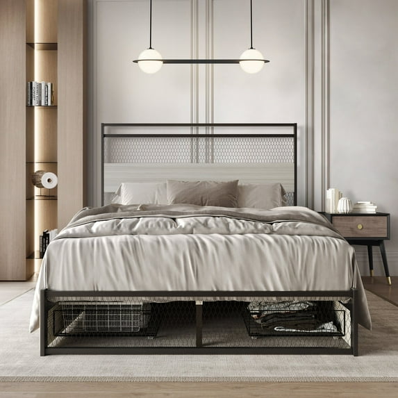 Castle Place Mesh Style King Metal Platform Bed with 4 Storage Drawers, Light Grey