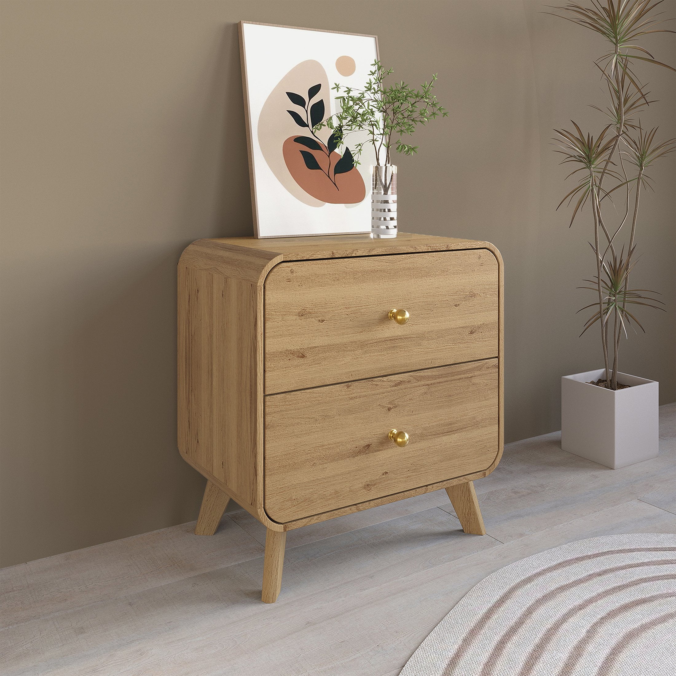 Castle Place Mid-Century 2 Drawer Wooden Nightstand, Light Oak