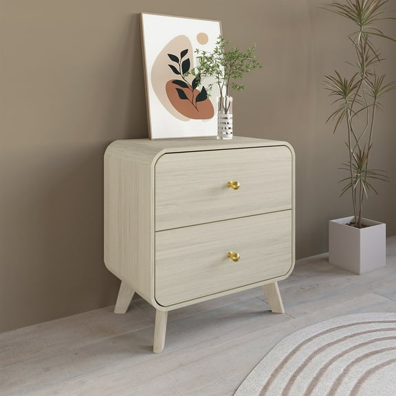 Castle Place Mid-Century 2 Drawer Wooden Nightstand, Natural