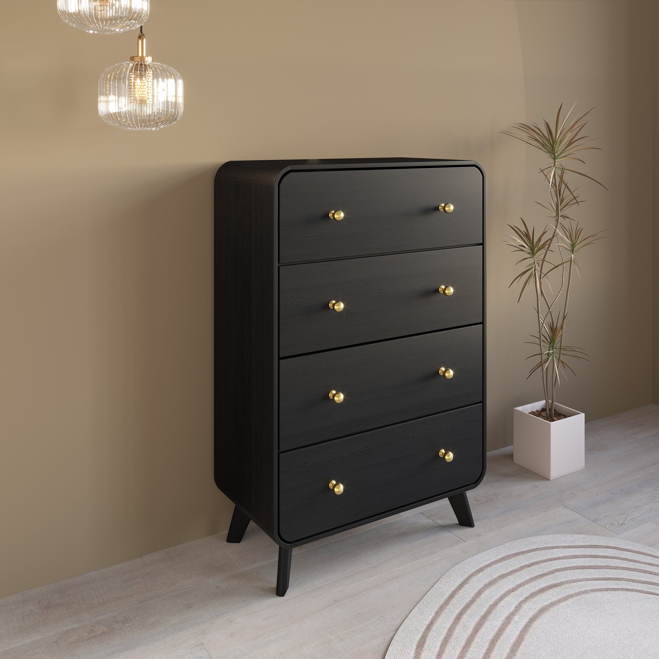 Castle Place Mid-Century 4 Drawer Wooden Dresser, Black