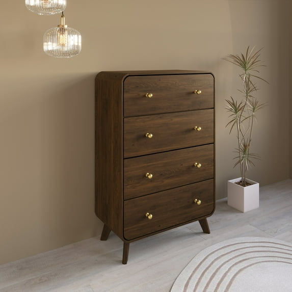 Castle Place Mid-Century 4 Drawer Wooden Dresser, Brown