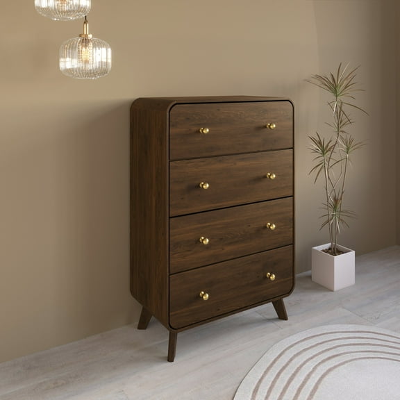 Castle Place Mid-Century 4 Drawer Wooden Dresser, Brown