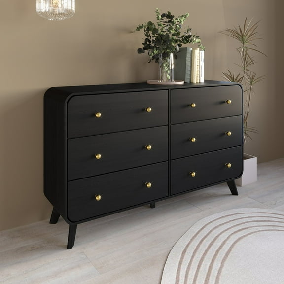 Castle Place Mid-Century 6 Drawer Wooden Dresser, Black