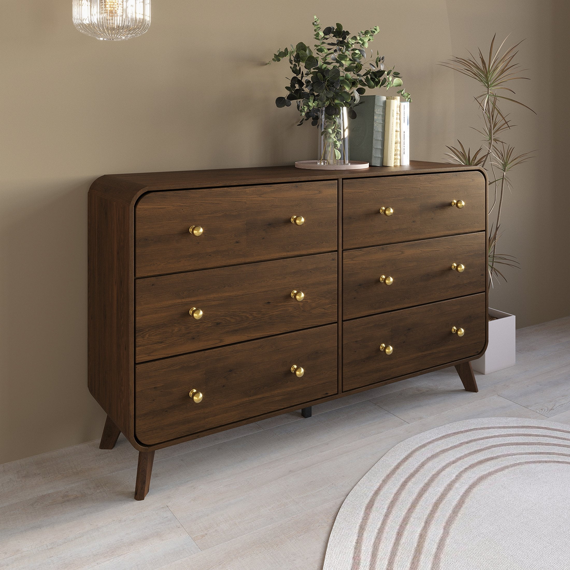 Castle Place Mid-Century 6 Drawer Wooden Dresser, Brown