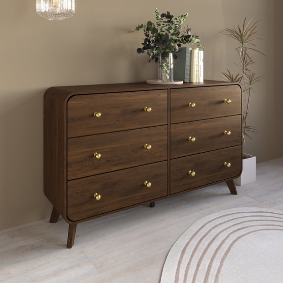 Castle Place Mid-Century 6 Drawer Wooden Dresser, Brown