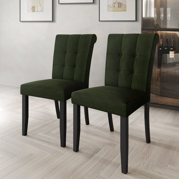 Castle Place Mid-Century Button Tufted Wooden Dining Chairs, Green, Set of 2