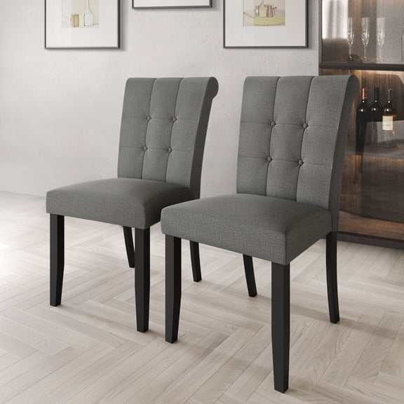 Castle Place Mid-Century Button Tufted Wooden Dining Chairs, Grey, Set of 2