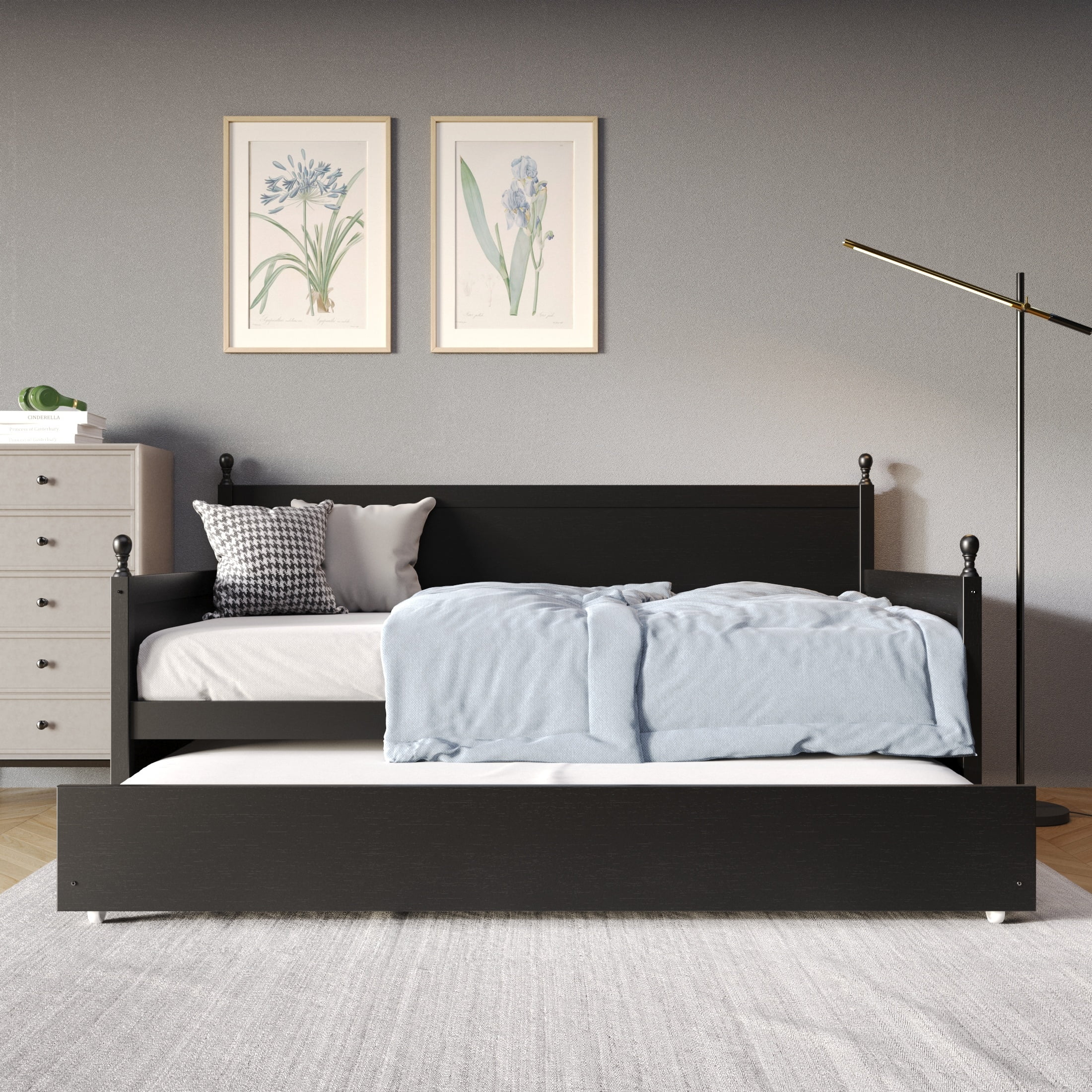 Castle Place Mid-Century Expandable Twin Size Wooden Daybed with Trundle, Black