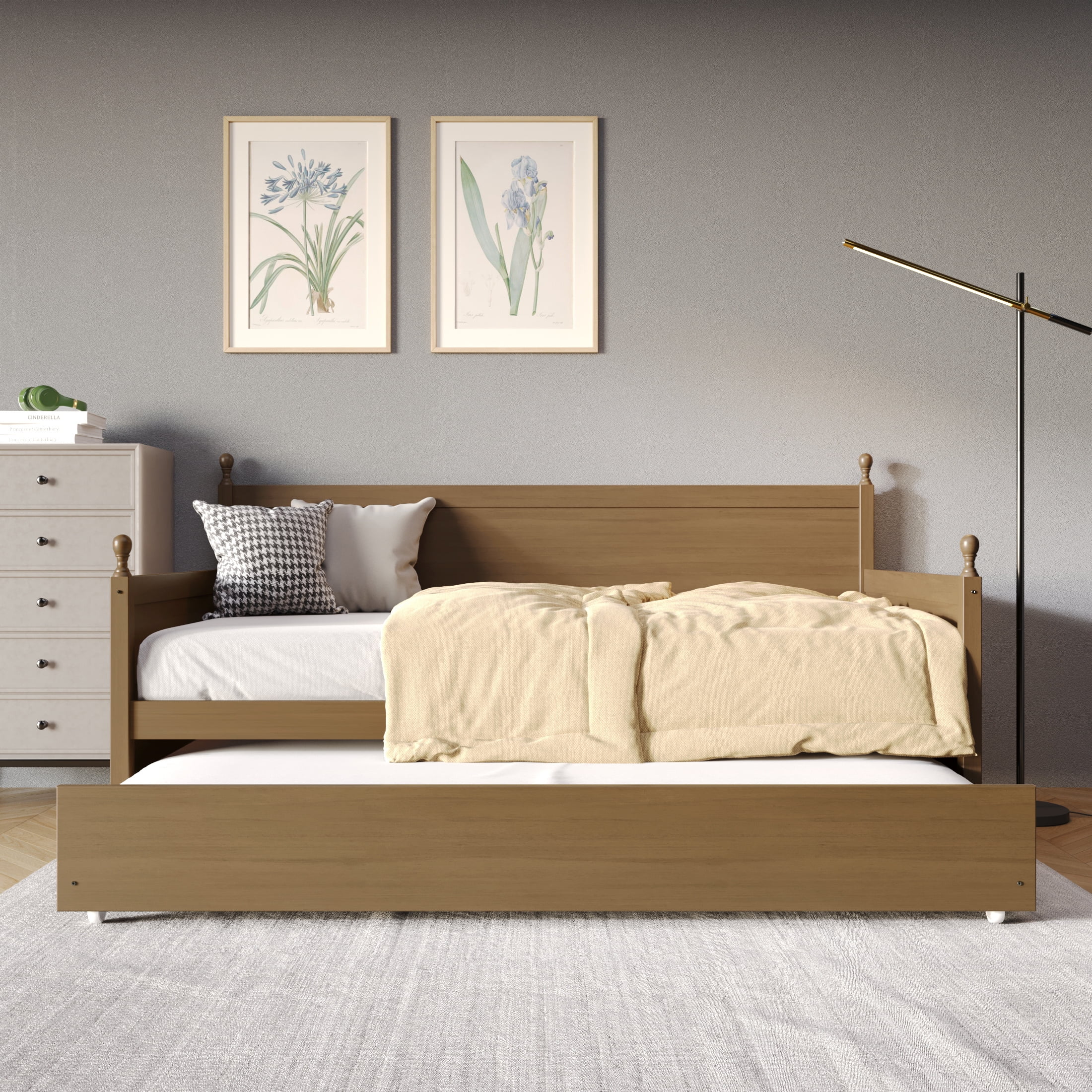 Castle Place Mid-Century Expandable Twin Size Wooden Daybed with Trundle, Light Oak