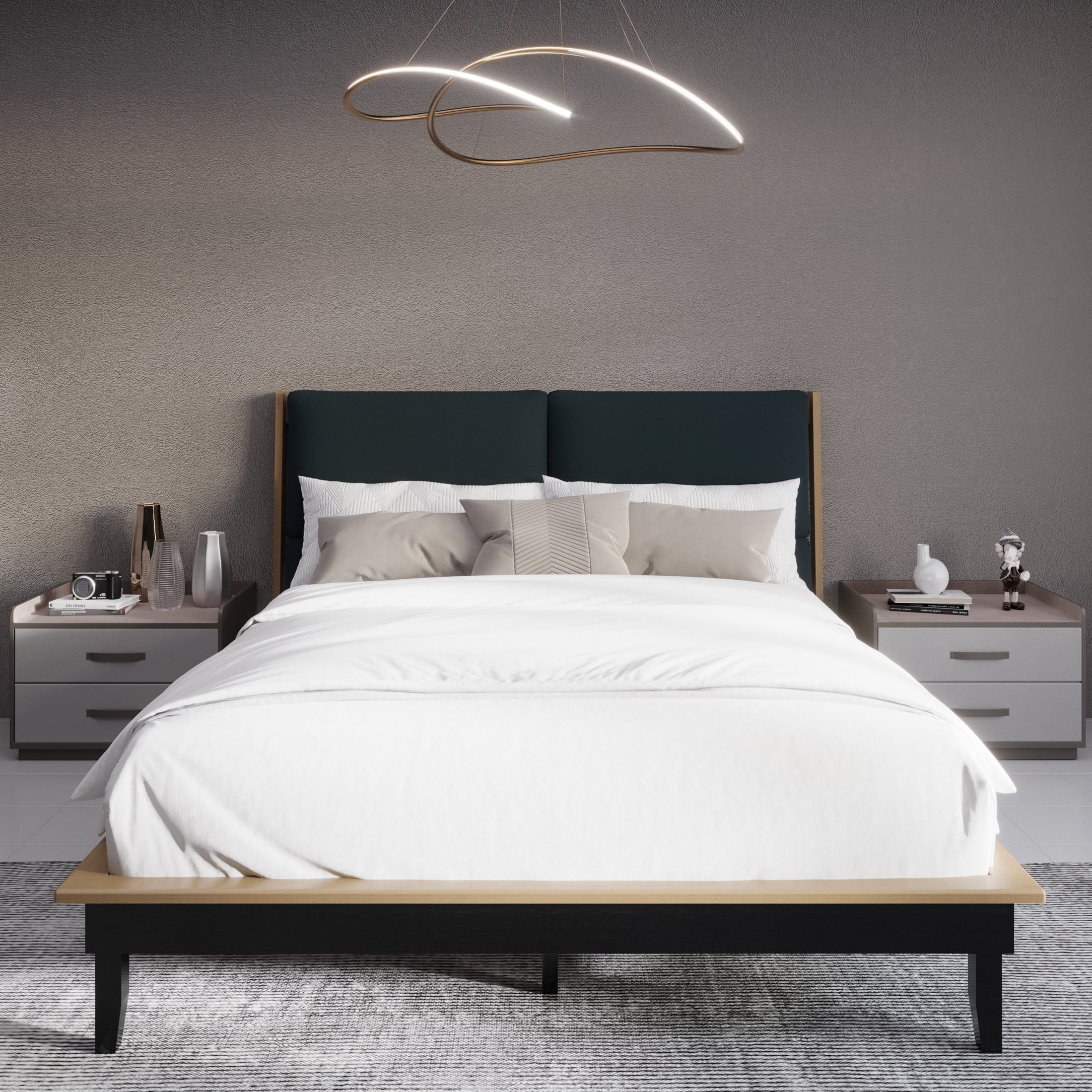 Castle Place Mid-Century Upholstered Headoard Queen Wooden Platform Bed, Antique Oak