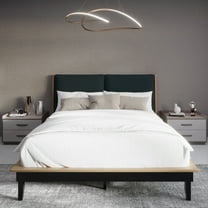 Castle Place Mid-Century Upholstered Headoard Twin Wooden Platform Bed, Antique Oak