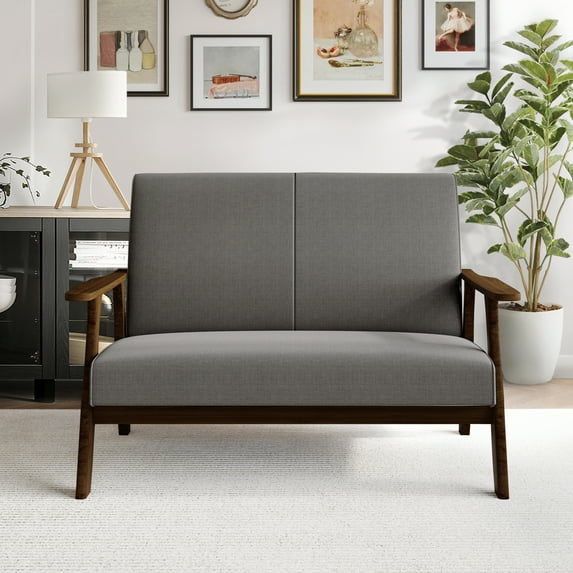 Castle Place Mid-Century Upholstered Linen Loveseat, Dark Grey