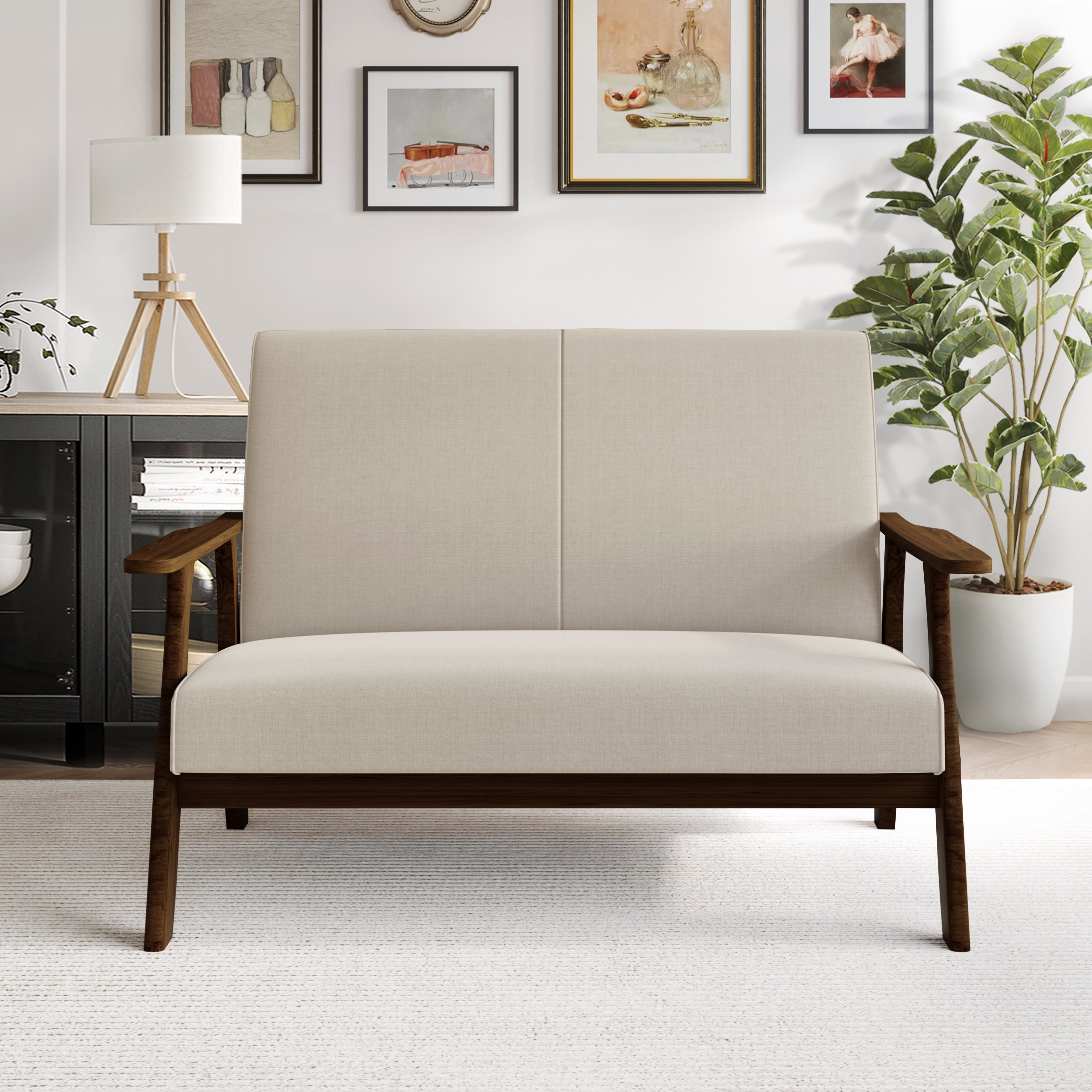 Castle Place Mid-Century Upholstered Linen Loveseat, Warm Grey