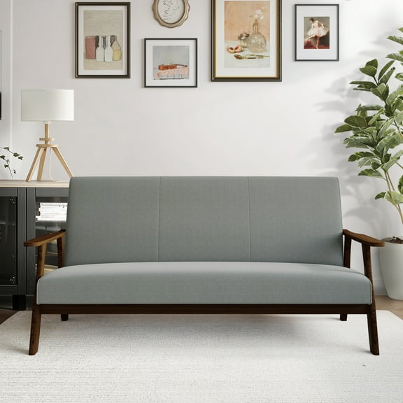 Castle Place Mid-Century Upholstered Linen Sofa, Light Grey