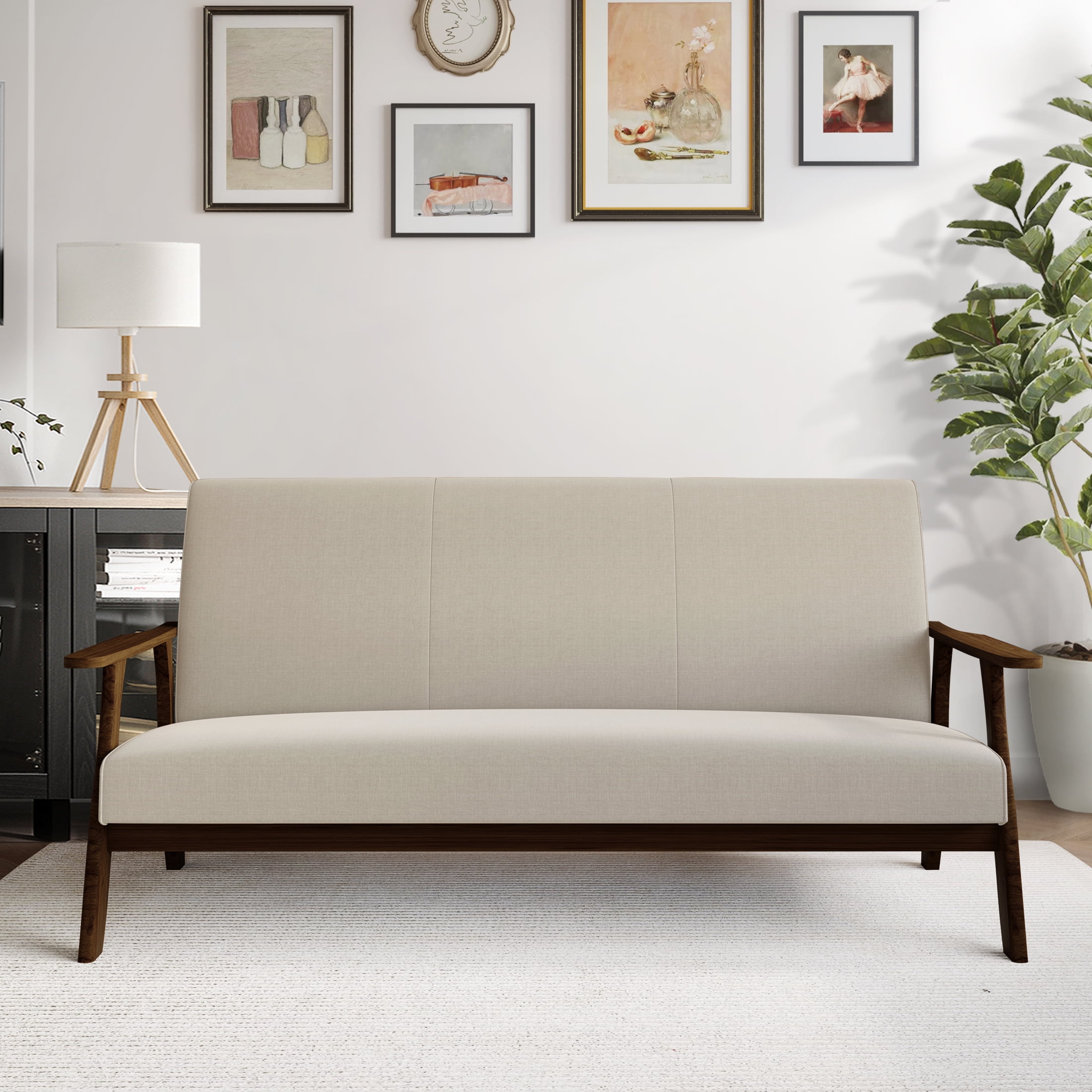 Castle Place Mid-Century Upholstered Linen Sofa, Warm Grey