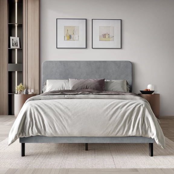 Castle Place Velvet Upholstered Curved Queen Bed, Light Grey