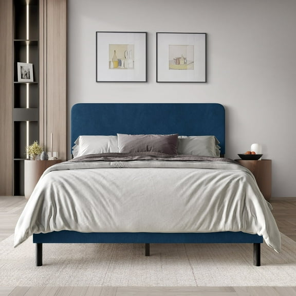Castle Place Velvet Upholstered Curved Twin Bed, Navy Blue