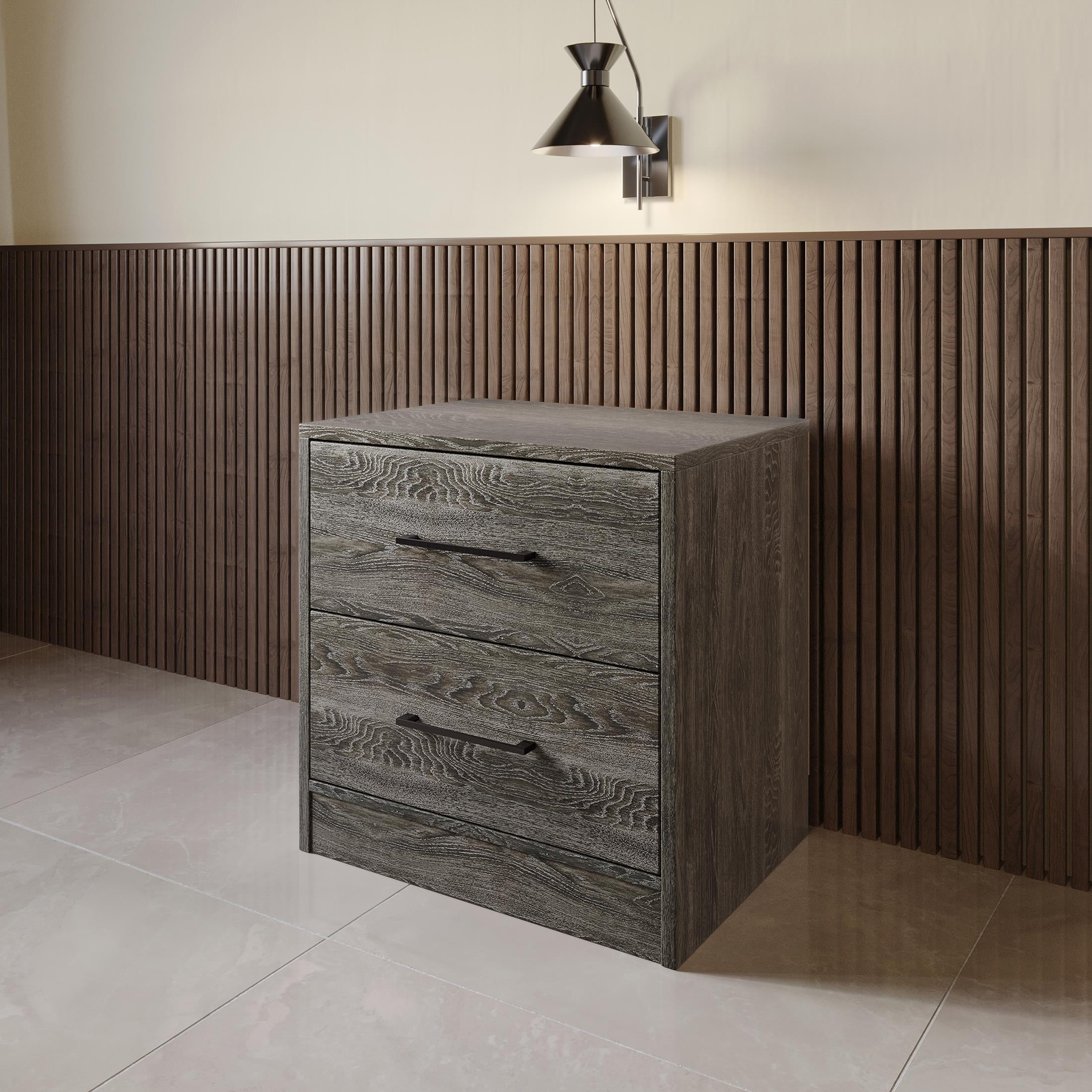 Castle Place Minimalist 2 Drawer Wooden Nightstand, Dark Grey