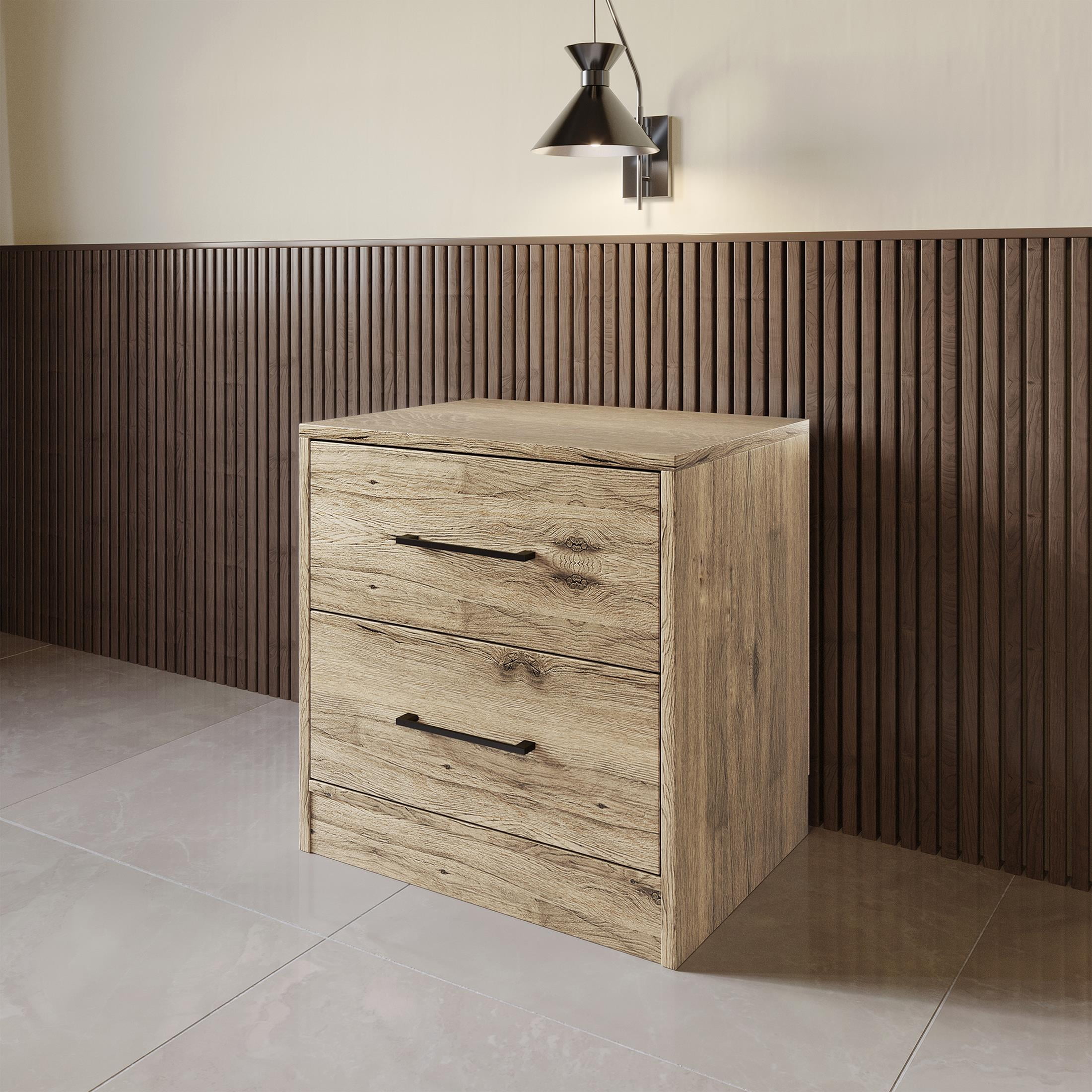 Castle Place Minimalist 2 Drawer Wooden Nightstand, Light Oak