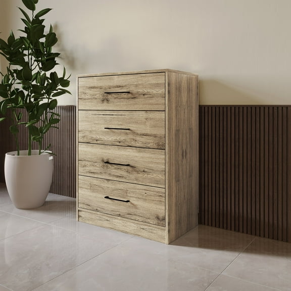 Castle Place Minimalist 4 Drawer Wooden Dresser, Light Oak