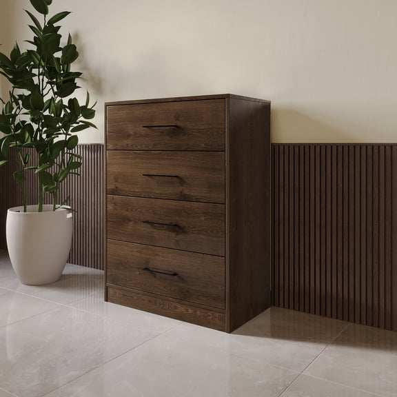 Castle Place Minimalist 4 Drawer Wooden Dresser, Walnut