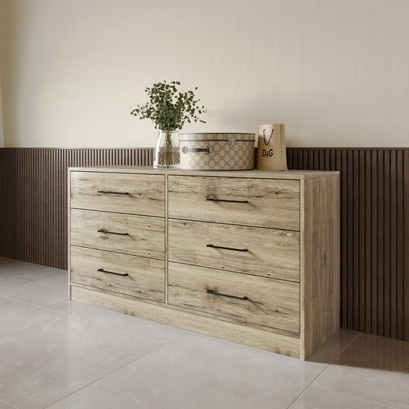 Castle Place Minimalist 6 Drawer Wooden Dresser, Light Oak