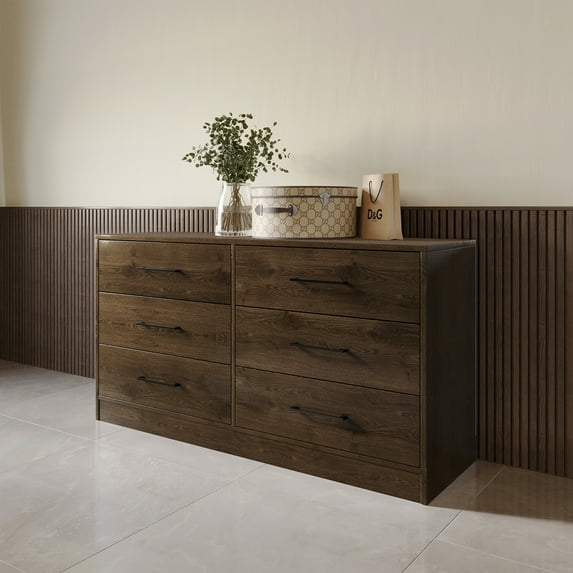 Castle Place Minimalist 6 Drawer Wooden Dresser, Walnut