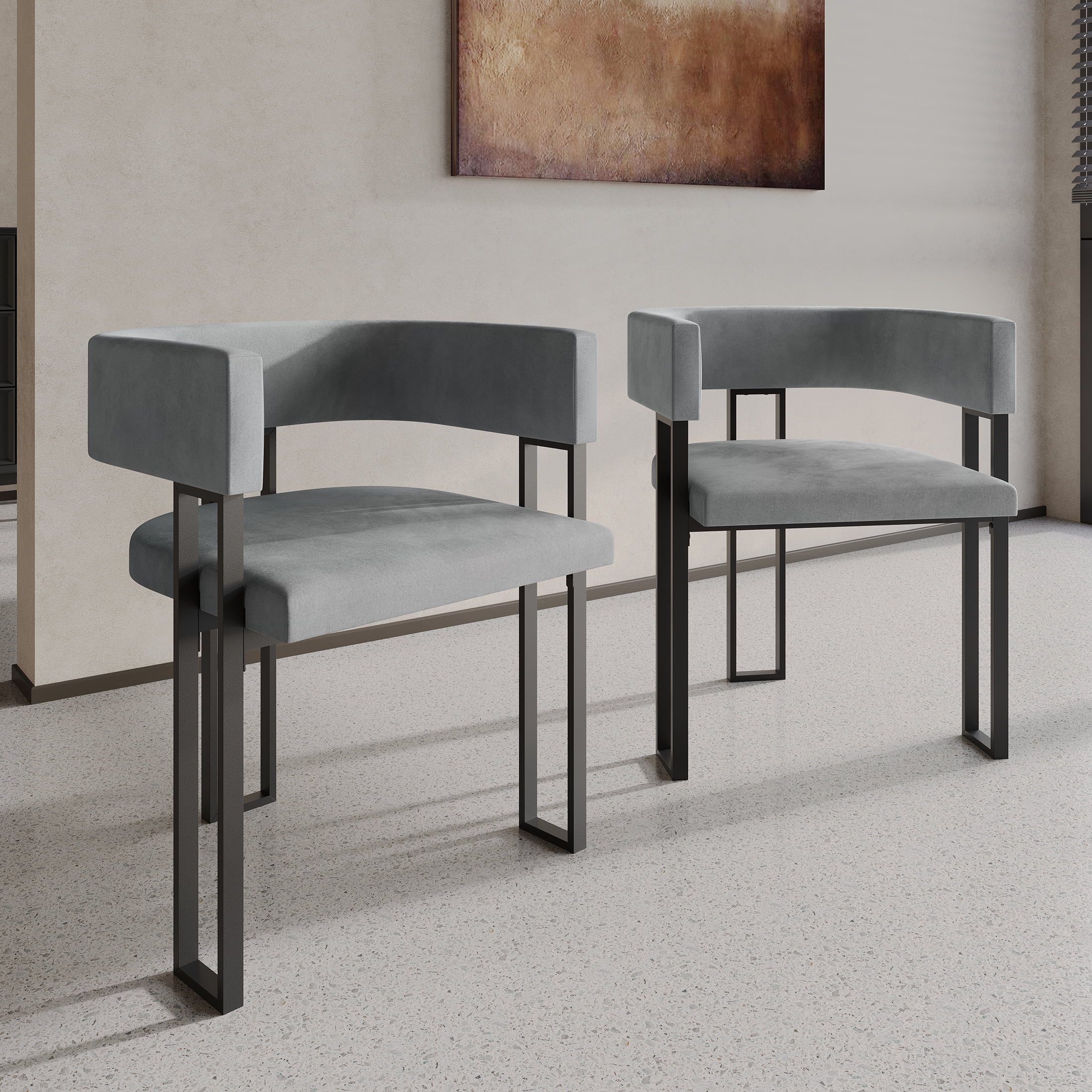 Castle Place Minimalist Black Metal Dining Chair, Light Grey Velvet