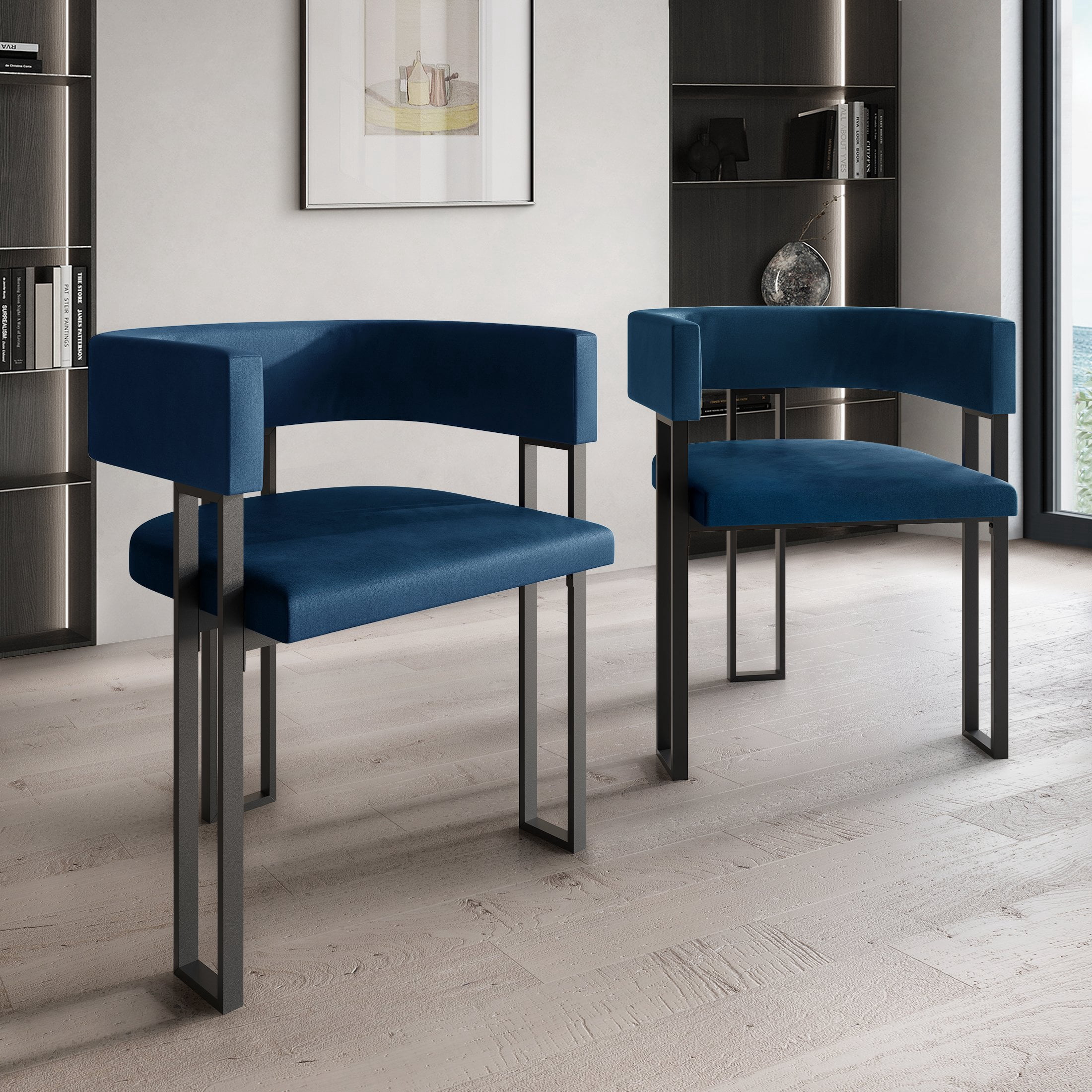 Castle Place Minimalist Black Metal Dining Chair, Navy Blue Velvet