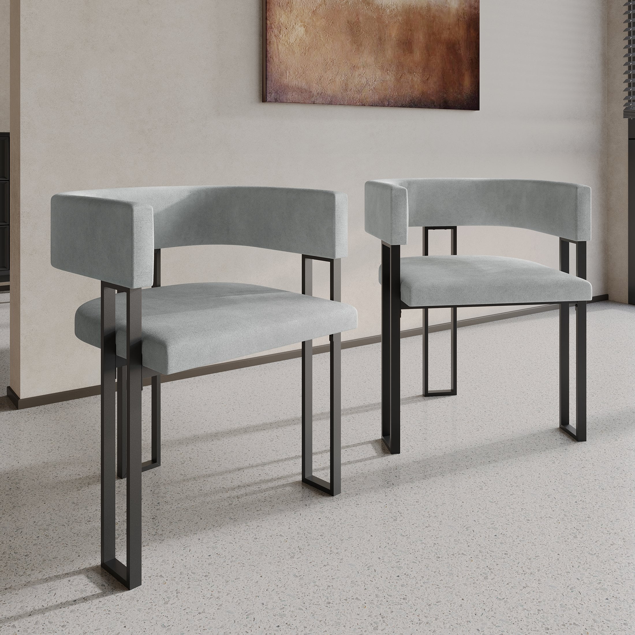 Castle Place Minimalist Black Metal Dining Chair, Silver Grey Velvet