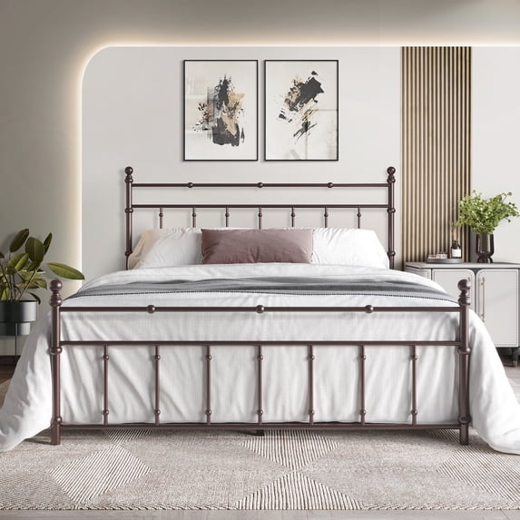 Castle Place Minimalist Modern King Size Metal Platform Bed, Brown