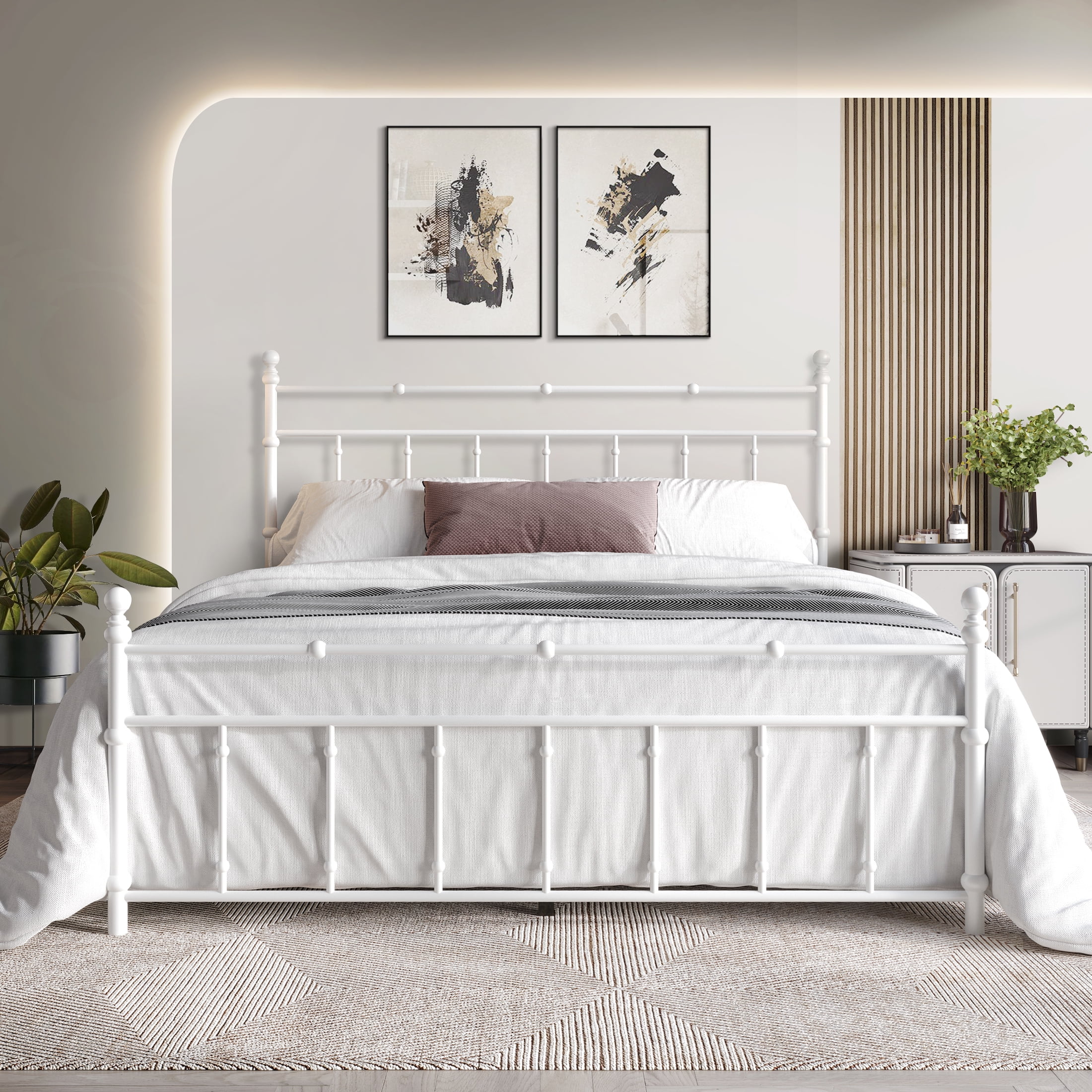 Castle Place Minimalist Modern King Size Metal Platform Bed, White