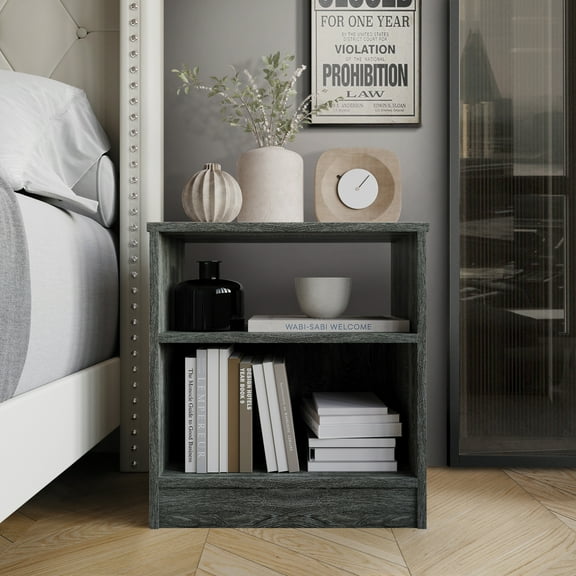 Castle Place Minimalist Nightstand with Shelf, Dark Gray