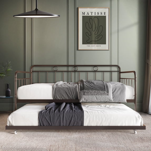 Castle Place Minimalist Vintage Twin Size Metal Daybed with Trundle, Brown