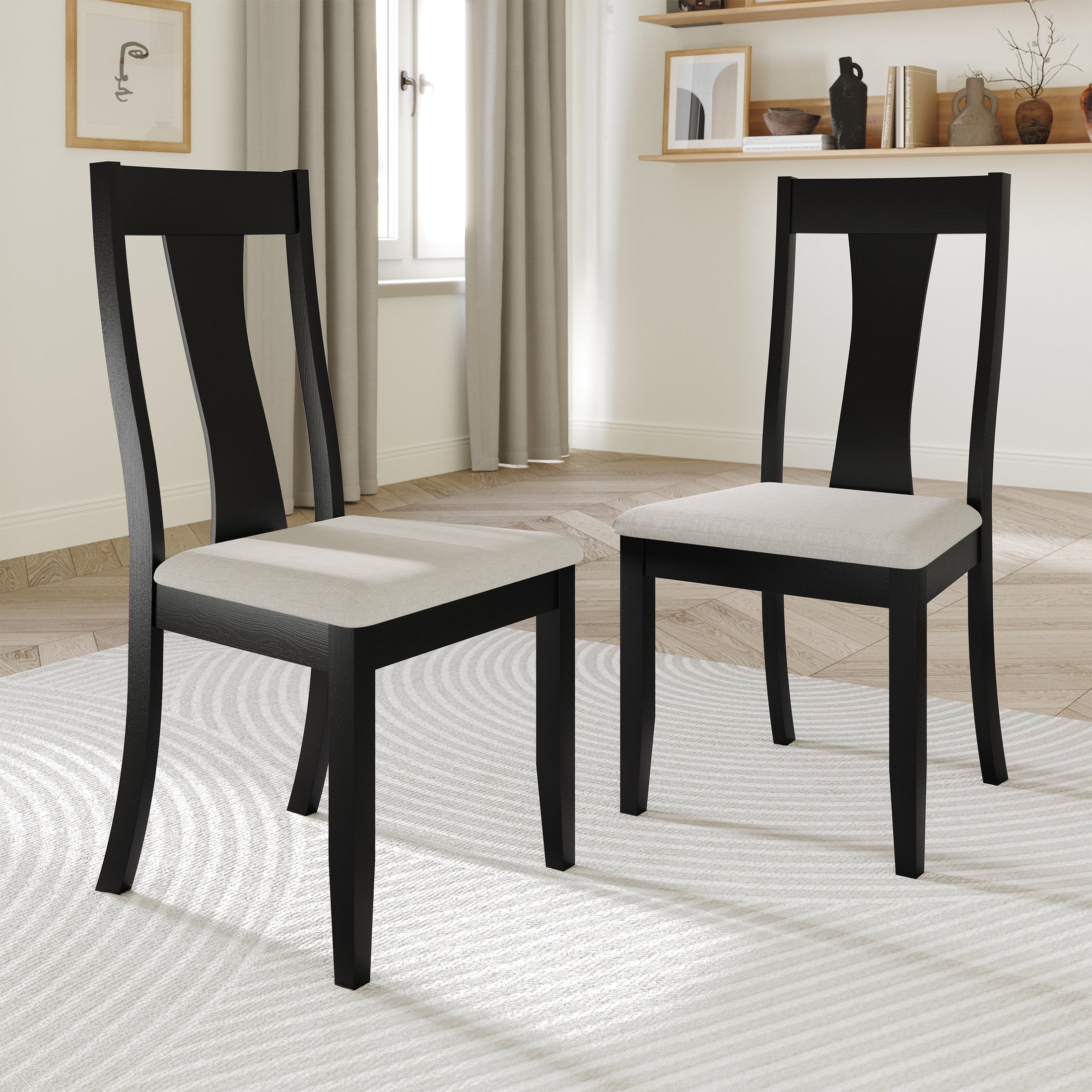Black Wood Side Chair with Linen Upholstered Seat, Set of 2